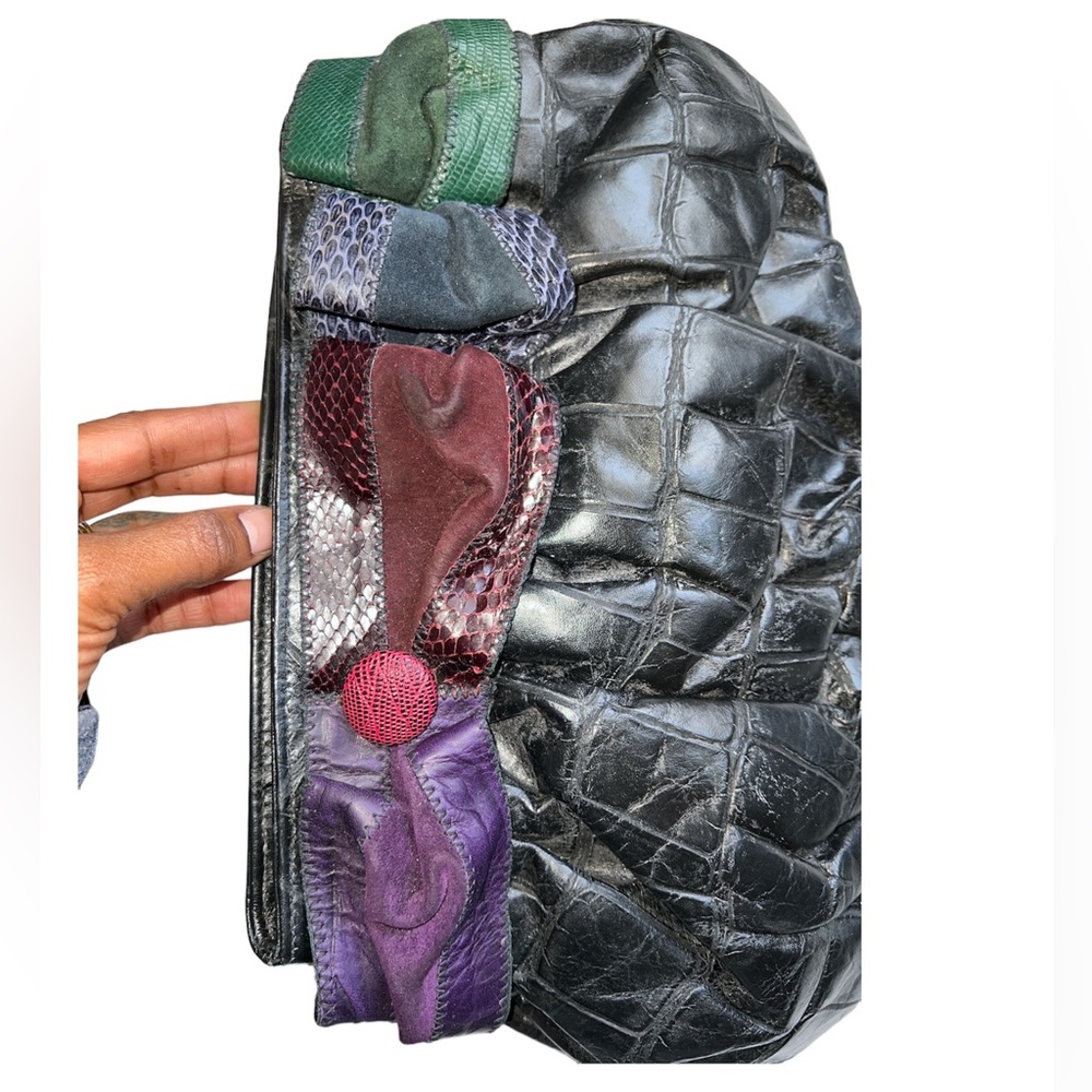 80's Black Samir🦎 Leather Reptile Patchwork Clutch Handbag🌵 - Picture 3 of 6